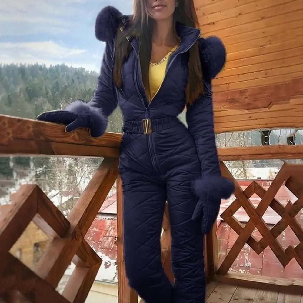 Fleece Women Skiing Jumpsuit Faux Fur Collar Hooded Ski Suit Windproof Outdoor Sports Snowboard Overalls Waist Belt Rompers