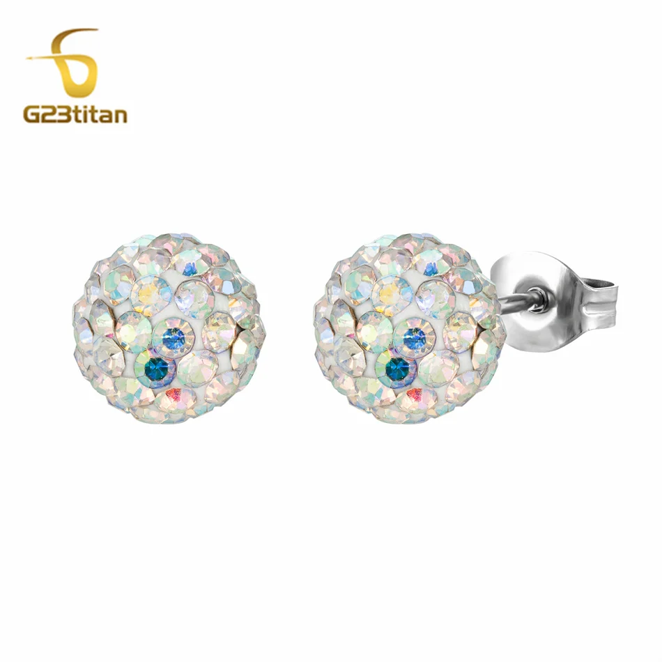 Shambhala Earrings for Ladies AB Zircon Clay Ball Hypoallergenic G23 Titanium Stud Earings Girl Jewelry