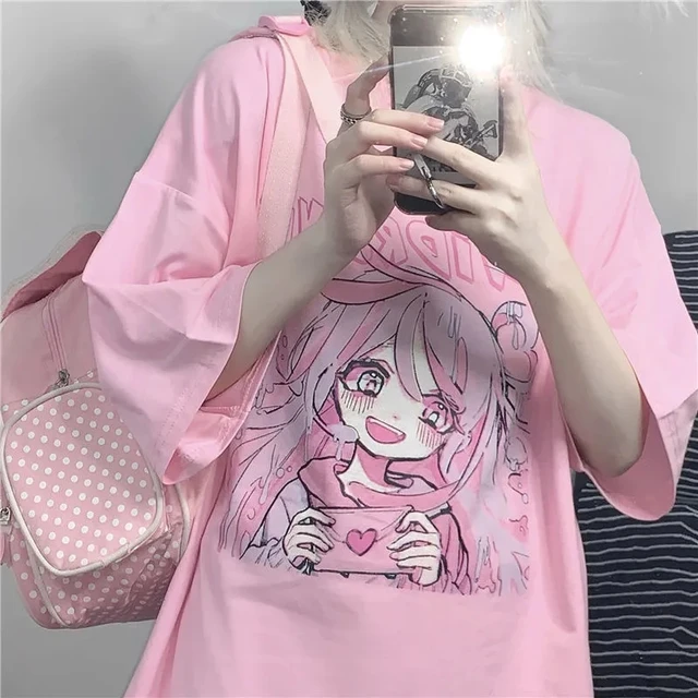 E menina anime estilo tshirt roupas moda gráfico harajuku kawaii verão rosa  topos para as mulheres dos desenhos animados streetwear doce estudante -  AliExpress