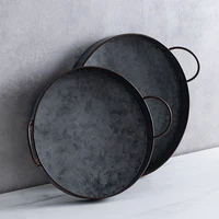 European Retro Round Iron Plate with Handle Metal Vintage Bread Tray Home Decoration Garden Restaurant Table Photographing 1