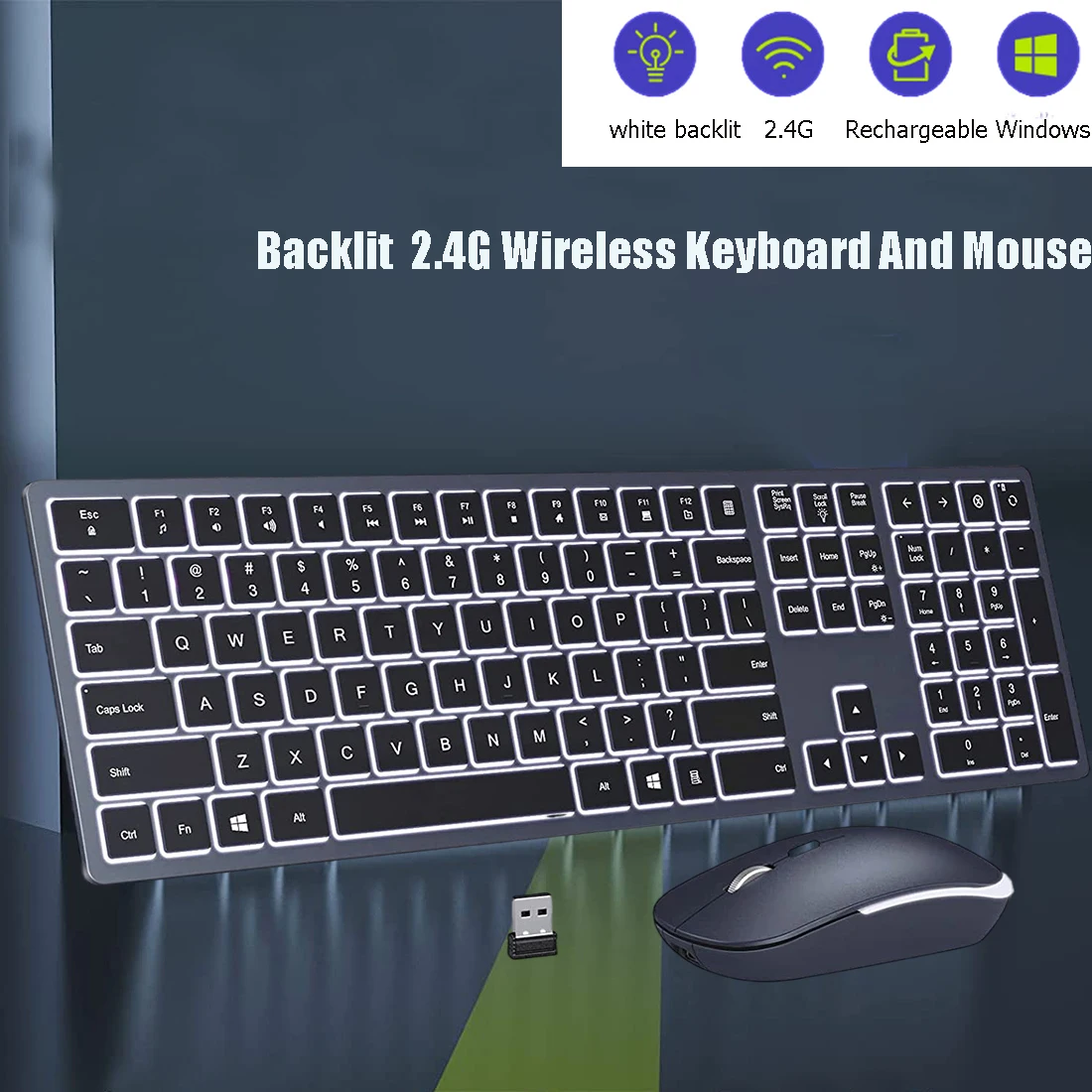 Conjunto de Teclado e Mouse sem Fio Retroiluminado Recarregável Tamanho Completo Jogos Windows pc Computador Laptop Mac