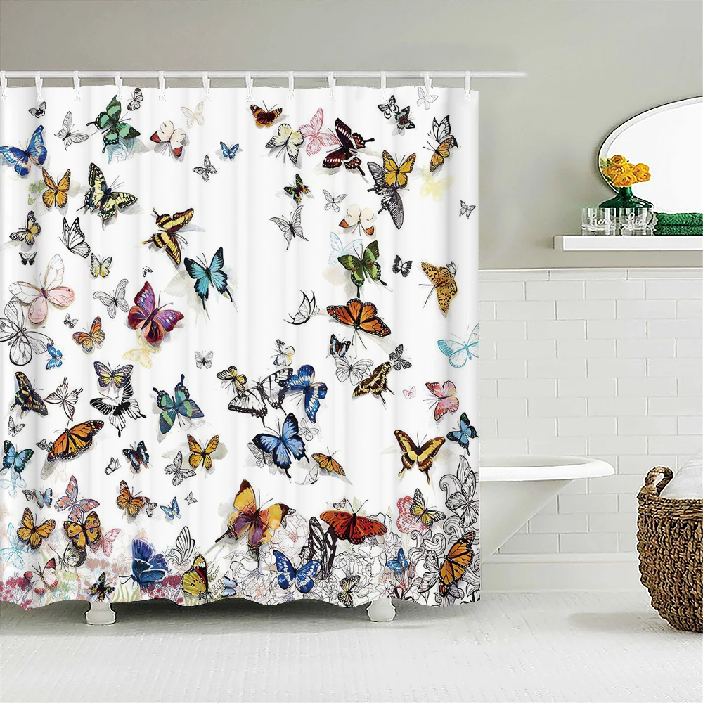 Colorful Butterfly Feathers 3d Nature Flower Plant Shower Curtains Bathroom  Curtain Waterproof Polyester Cloth Decoration Screen