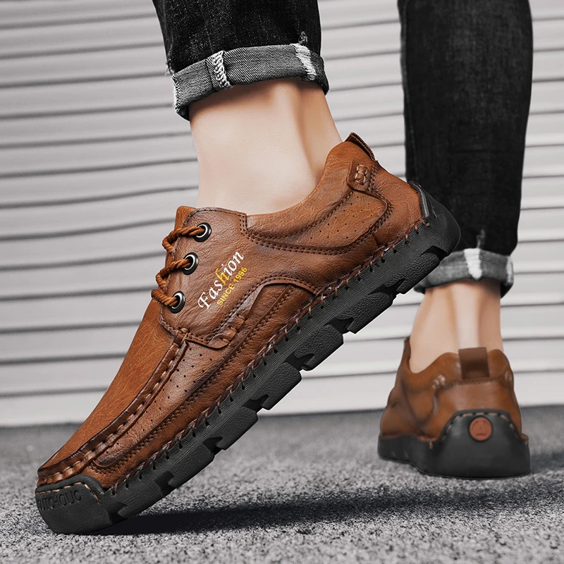 New Leather Men's Hiking Shoes Lace-up Man Light Flats Comfortable Outdoor Driving Flats Fashion Stylish Casual Shoes for Men 5