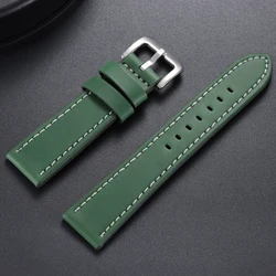 Stitched Brown Genuine Leather Sports Watch Band with Steel Clasp - With Rose Buckle (Green White)