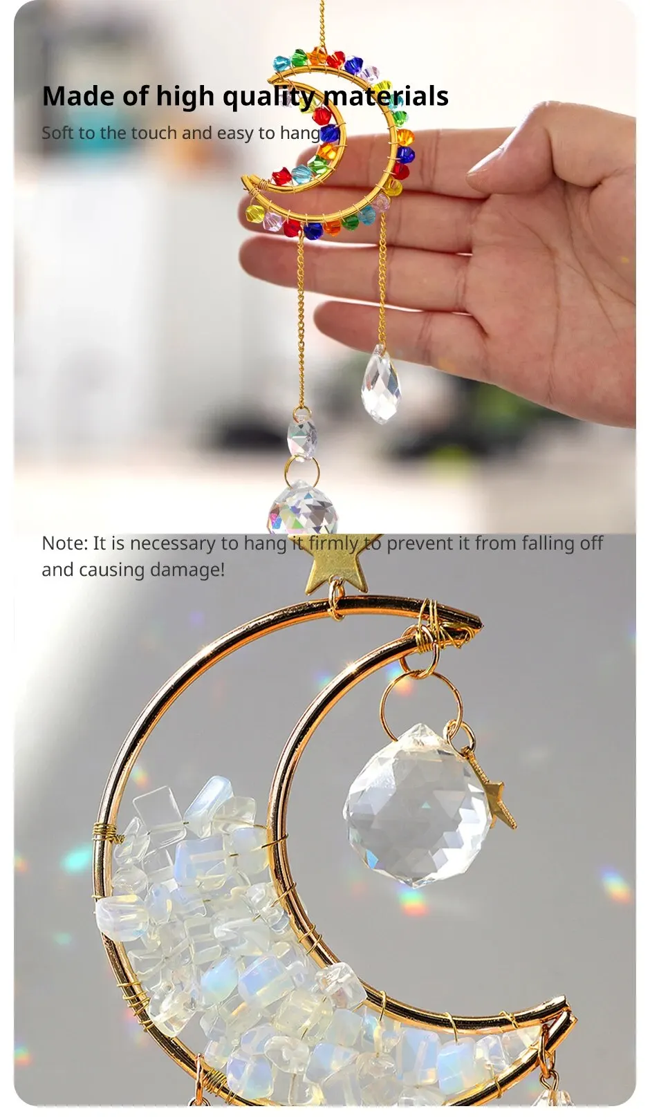 Description Picture 5 of item1 Piece Rainbow Made Crystal Suncatcher, Raw Stone Moon Home Decor for Garden Bedroom Balcony Pendant