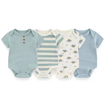 Kiddiezoom 남녀공용 반팔 바디 수트, 부드러운 아기 옷, 여름, 4PCs/로트