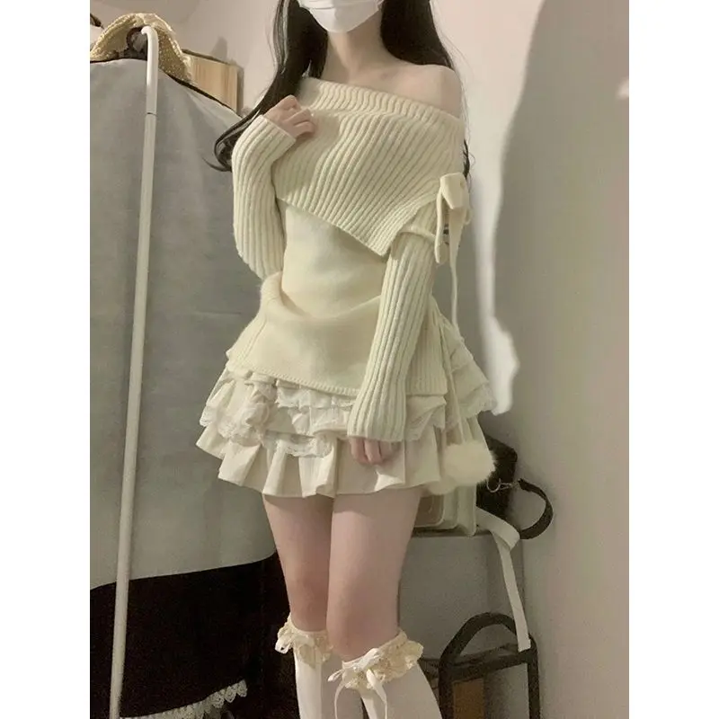 

Two-Piece Suit 2023 Autumn and Winter New Preppy Style Design Sense Niche off-Shoulder Knitted Sweater Skirt