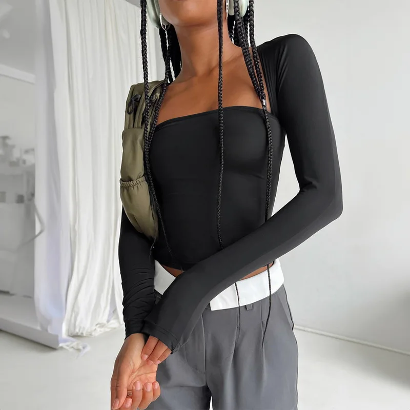 

Women'S Cotton Slimming T Shirts Casual Y2k Bolero Tops Fashion Sexy Fit Tube Top Long Sleeve Shrug Cardigan Two Piece Suit