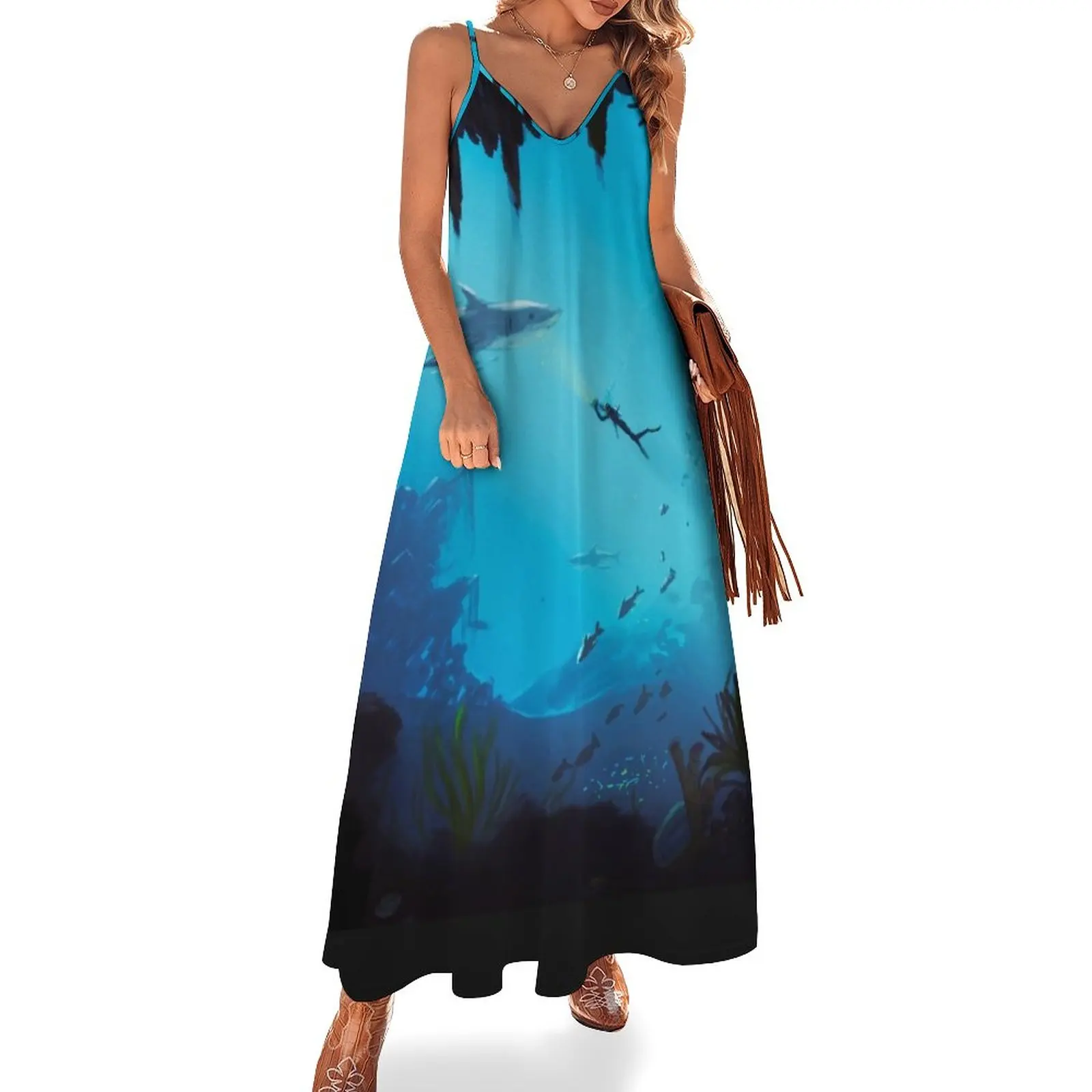 

New underwater shark and diver Sleeveless Dress fairy dress luxury evening dresses 2023 elegant women's sets Long dresses