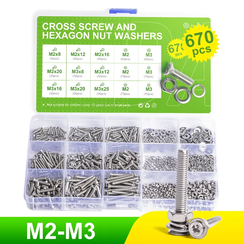 M2 M3 Assortment Kit Set Phillips Flat Head Machine Screw Metric Thread Cross Countersunk Bolt Nut Washer Bolts and Nuts 670Pcs Screw Bolt Nut Set Hex Nuts Assortment Kit Screw Washer Nut Kit Auto Fasteners Assortment