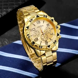 Premium Stainless Steel Luxury Men's Quartz Wristwatch with Large Dial (Gold)