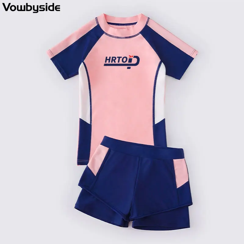 8-14Y Children's Swimsuit Girls Two-Piece Wetsuit Short Sleeved Children's Beach Wear Quick-drying Swimwear