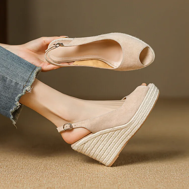 EAGSITY cow suede peep toe Casual wedges sandals platform Women slingback heel shoes espadrilles ankle strap pumps bohemia style