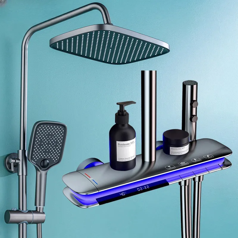 

LED Digital Bath Shower Set room Hot Cold Mixer System Wall tub Rain Tap Thermostatic Atmosphere Lamp Faucet