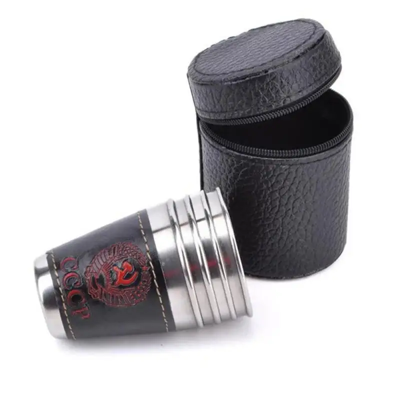 30/70/170ml Outdoor Camping Tableware Travel Cups Set Picnic Supplies Stainless Steel Wine Beer Cup Whiskey Mugs PU Leather