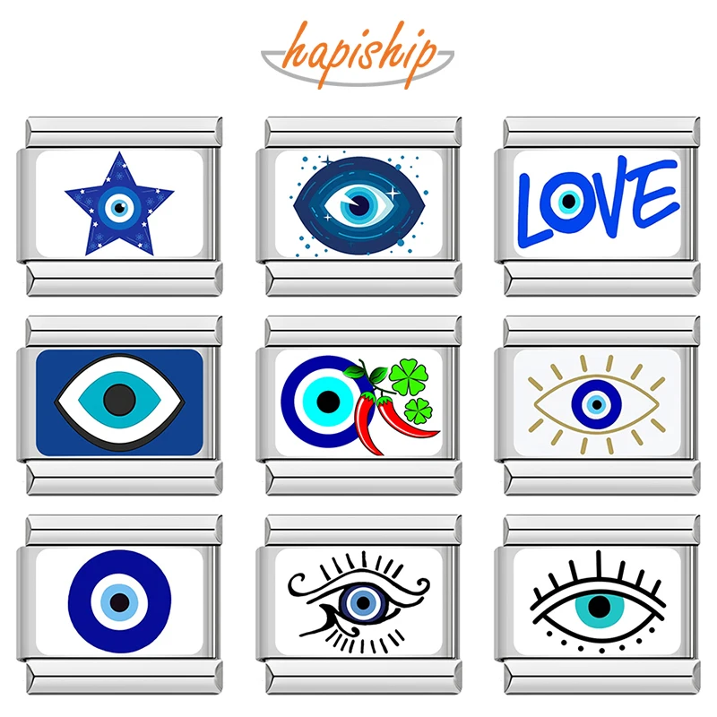 Hapiship 2024, nuevo regalo para mujer, dijes italianos de acero inoxidable de 9mm, pulsera, eslabones, cuentas, estrella, ojos de amor, joyería TZ003