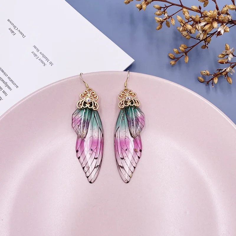 Fairy Rainbow Gradient Resin Butterfly Wing Rhinestone Glitter Earrings