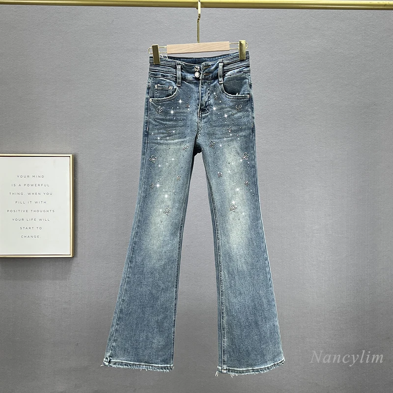 Rhinestone Denim Bell-Bottom Jean Pants Women 2024 New Spring Elastic High Waist Slim Fit Korean Fashion Wide Leg Flare Pants