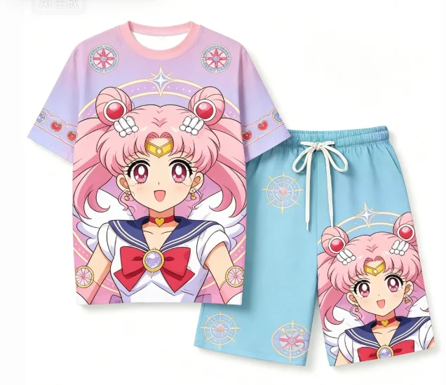 Niedliches Sailor Moon Crystal Anime Pyjama Unisex-Shirt Sommer Kurzarm-Pyjama-Set Kinder Kawaii Set Cartoon Hausanzug