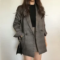 Women Winter Plaid Blazers Coats Korean Fashion Elegant Solid Thick Jacket Female Double Breasted Office Lady Long Overcoat 1