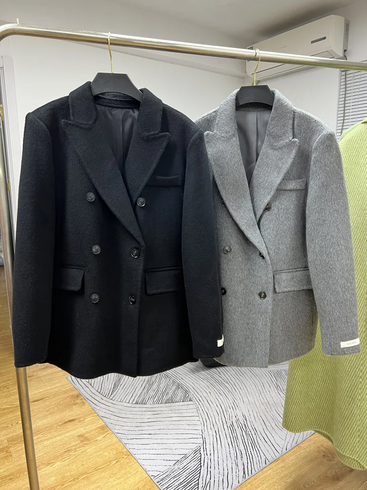 New Autumn Winter Double-sided Wool Cashmere Coat Short Female Soft Warm Lapel Double Breasted Woolen Suit Jacket Women Fashion