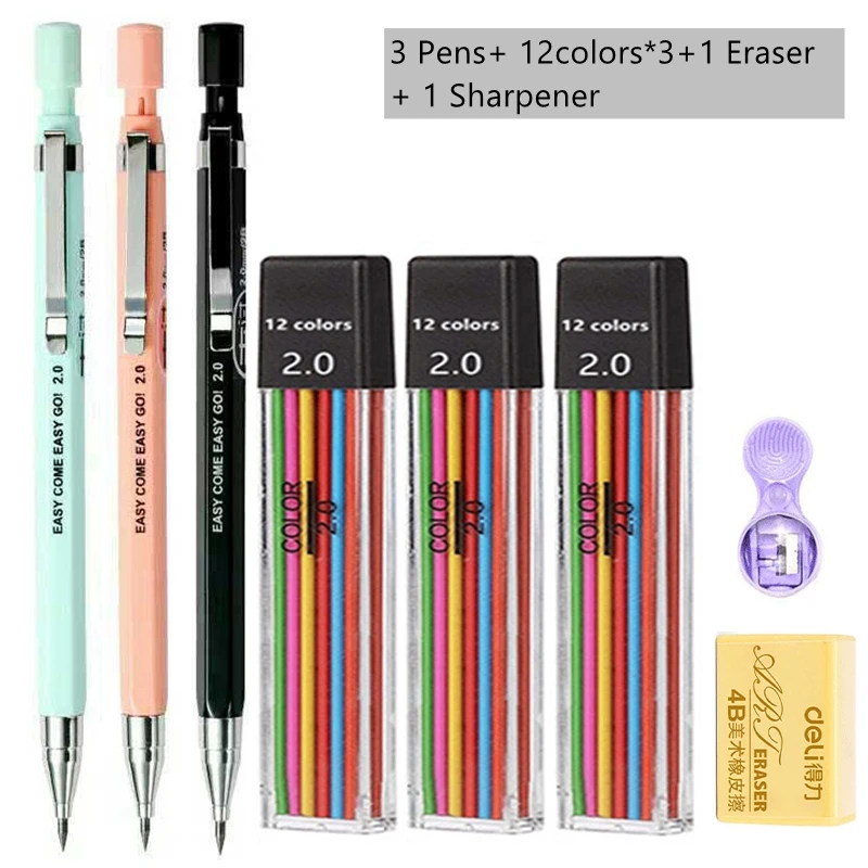 2.0mm Mechanical Pencil Set 2B Automatic Pencils with Black/Color Lead Refills For Draft Drawing, Writing, Crafting, Art Sketch