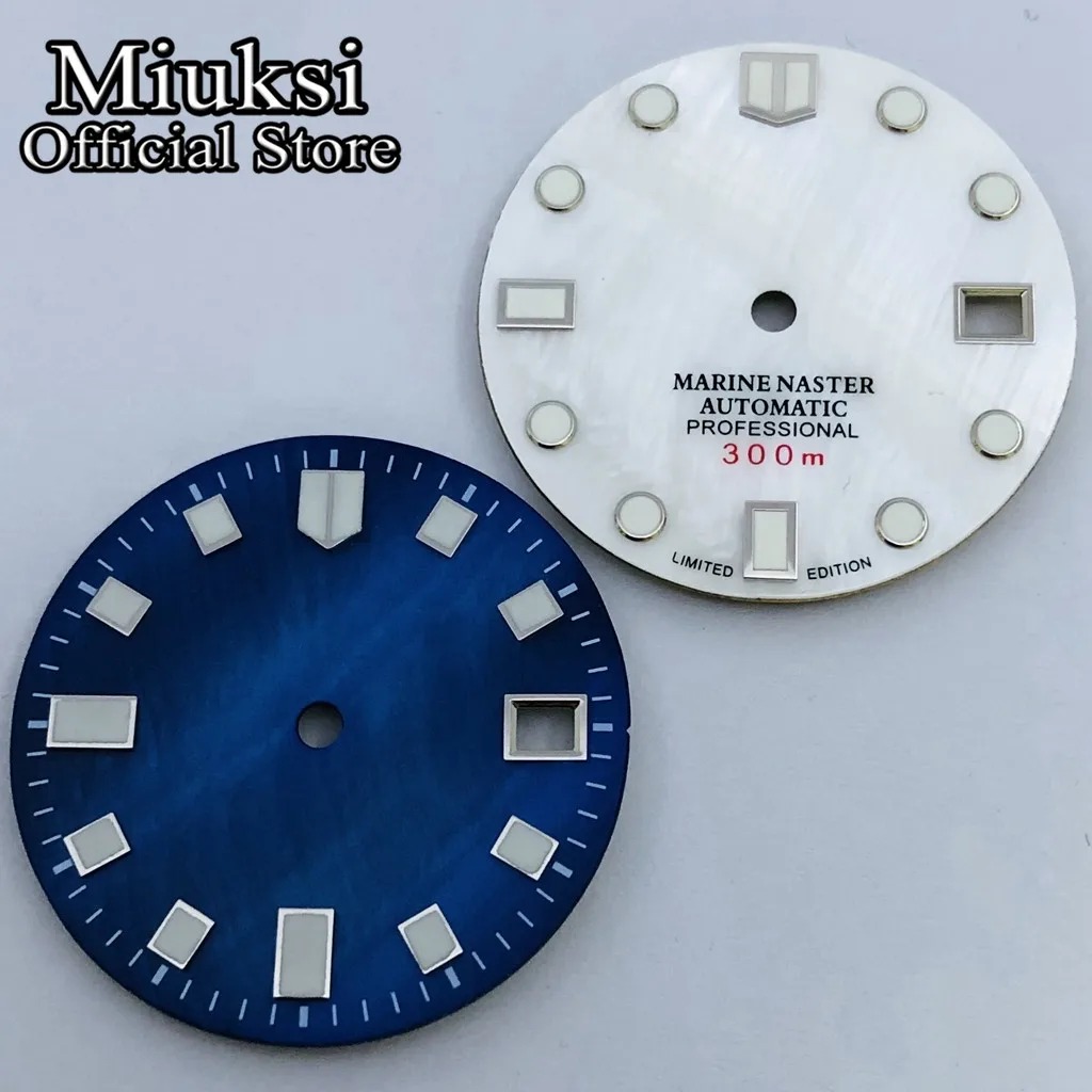 

Miuksi 29mm silver blue watch dial luminous fit NH35 movement fit 3 o'clock crown 3.8 o'clock crown