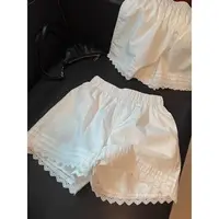 White Lace Trim Patchwork Casual Shorts for Women's High Waisted Wide Leg Vacation Beach Pants Loose Thin Bottoms Home Shorts