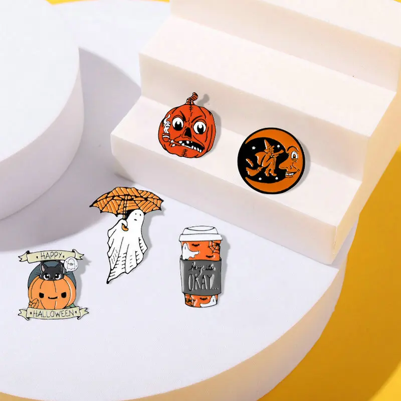 

Happy Halloween Enamel Pin Custom Coffee Moon Ghost Pumpkin Umbrella Brooches Backpack Clothes Lapel Pin Fun Badge Jewelry Gift