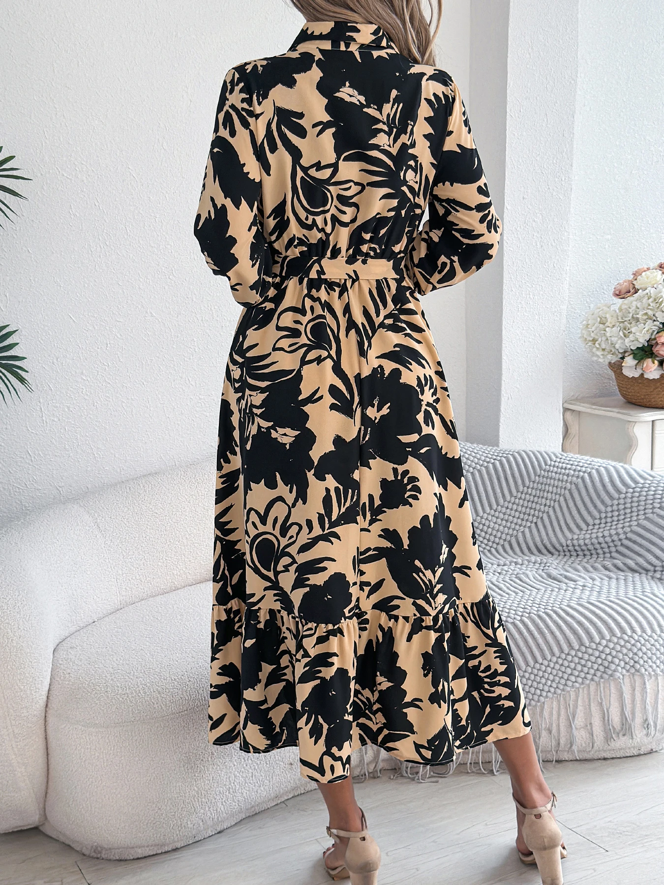 Autumn Floral Lace Up Maxi Dress for Women