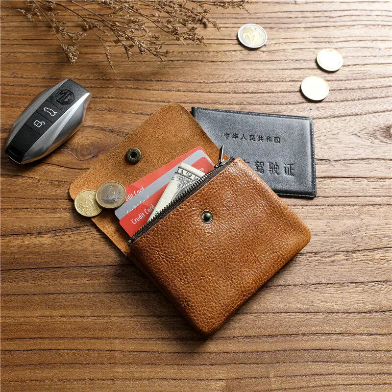 

Japanese Style Handmade Retro Mens Genuine leather Cowhide Wallet Short Zipper Coin Key Card Purse Small Change Pocket Money Bag