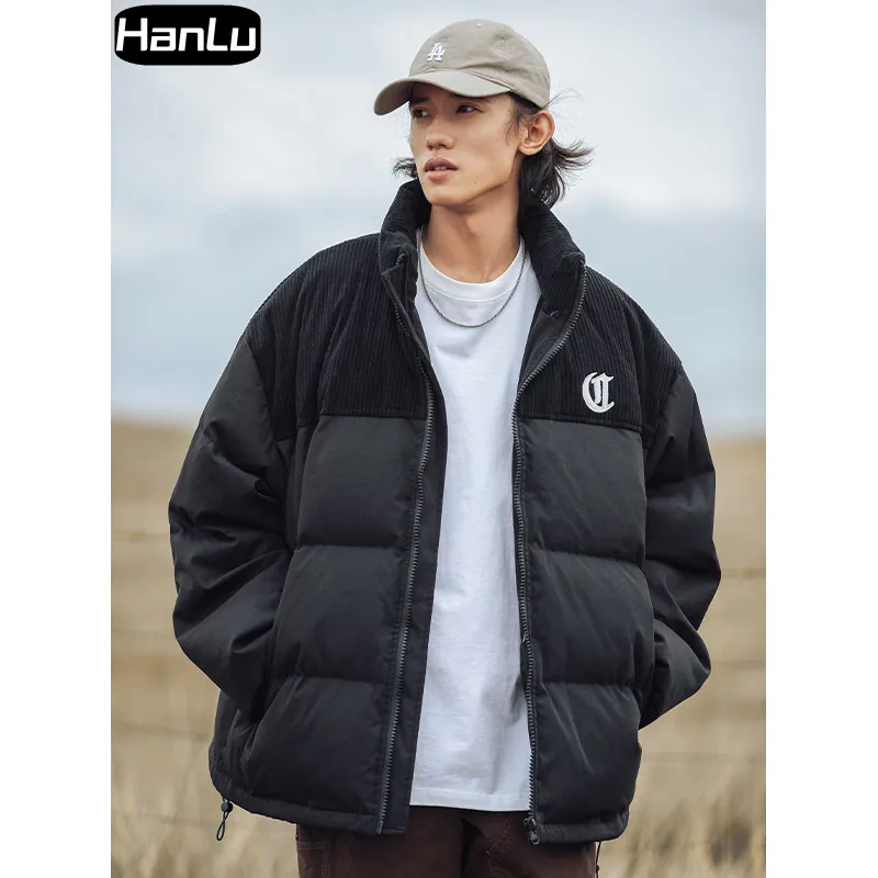 Men's Winter New Corduroy Sewn Cotton Coat Couple Letter Embroidery Thickened Bread Coat Plus Cotton Coat