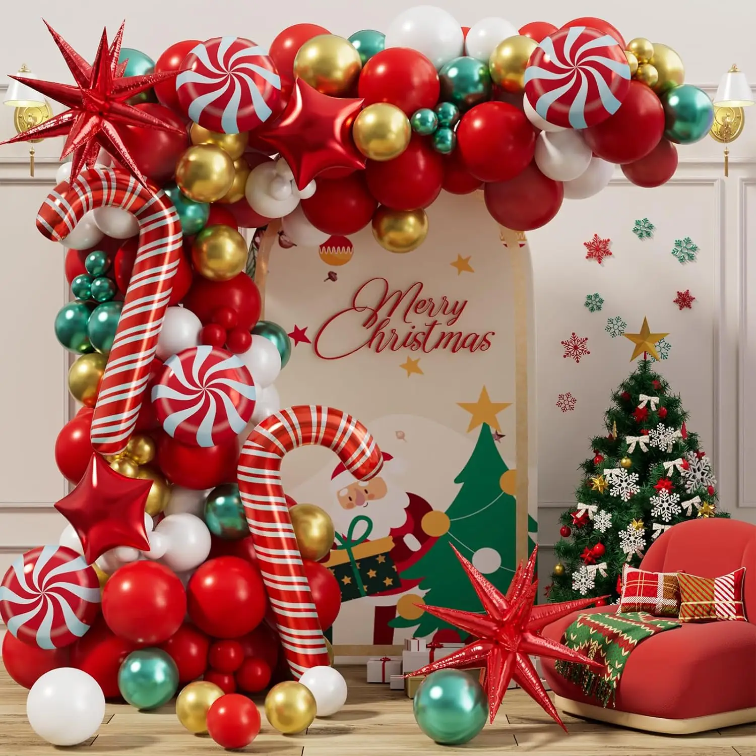 Christmas Balloon Garland Kit: Snowman, Gold Stars, Red & Green