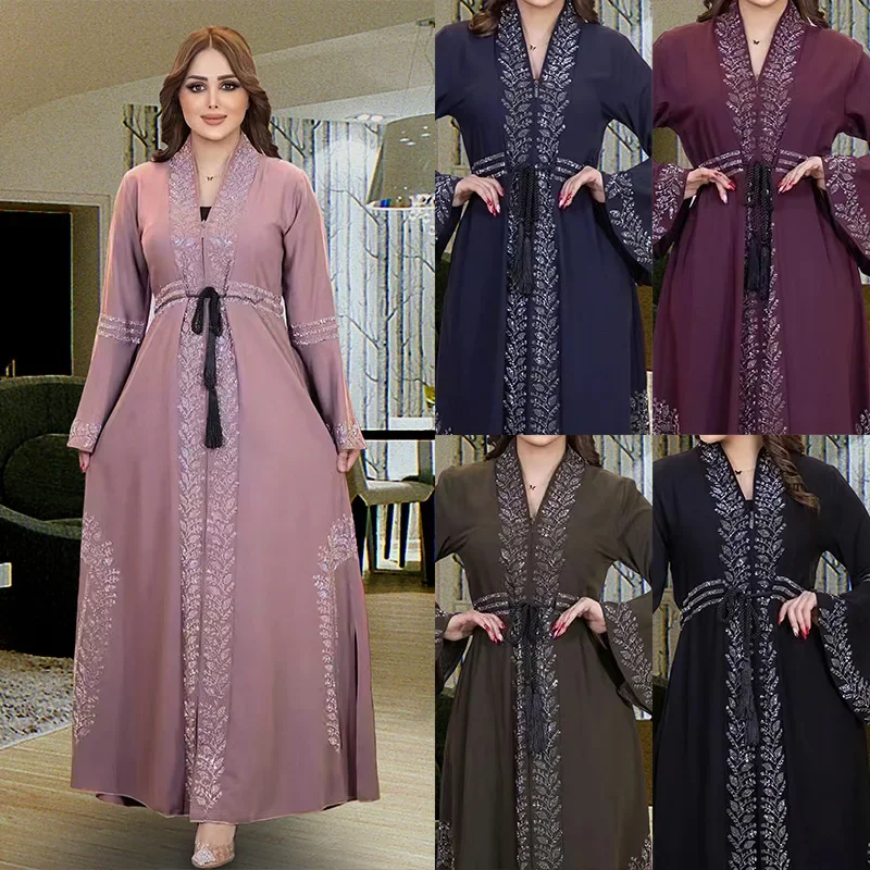Plus-size Women\'s Dress Women Muslim Abayas Flared Long Sleeve  Loose Maxi Dress Female Casual Solid Abaya Vestidos Lace-up Robe