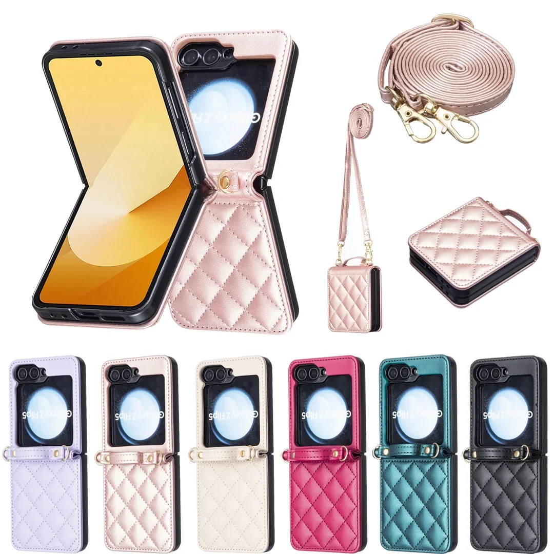 Elegant Diamond Leather Crossbody Case with Shoulder Strap - Slim Folding Cover