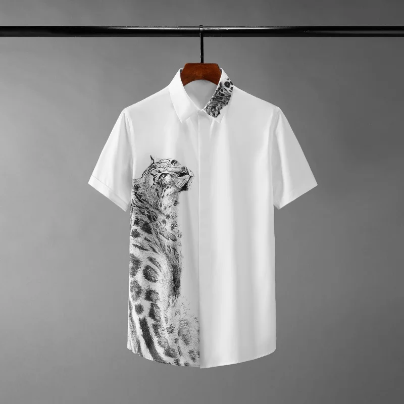 

Leopard Printed Summer Male Shirts Luxury Short Sleeve Mens Dress Fashion Slim Fit Party Man Plus Size 4xl