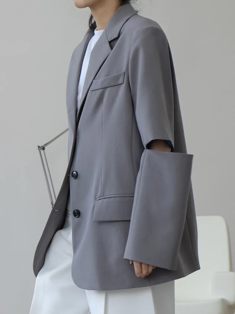 [LANMREM] Fashion Designer Split Spliced Black Blazer For Women Notched Single Breasted Loose Tide Jackets 2024 Spring New