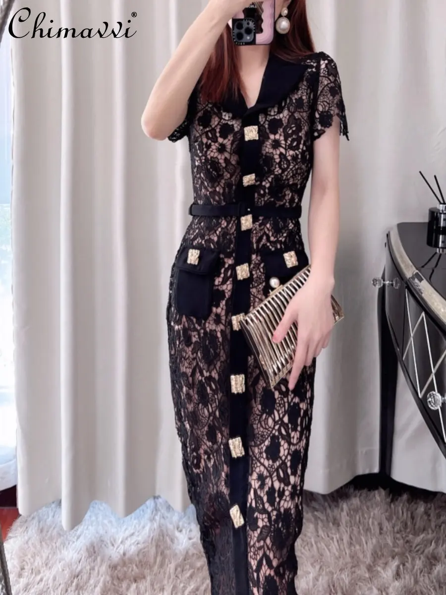 

Simple High-End Black Sexy Cutout Maxi Dress for Women 2022 Early Autumn High Waist Slimming Temperament Entry Lux Dresses