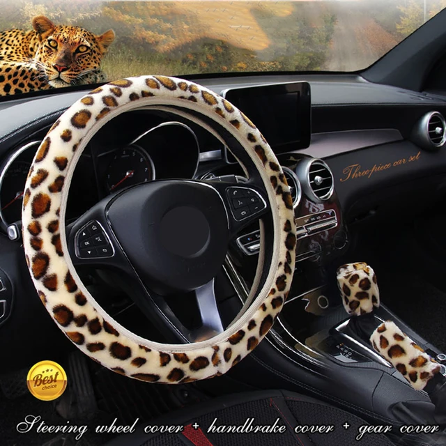 38CM Universal Auto Leopard Print Plüsch Keine Schleife Elastische Lenkrad  Abdeckung Getriebe Handbremse Abdeckung Auto Innen Zubehör