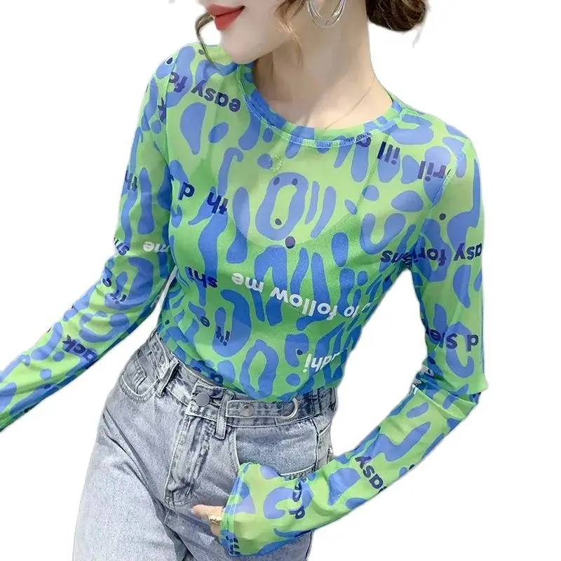 

Summer Thin Mesh Bottom Shirt Women Fashion Letter Print Long Sleeved T-Shirt Autumn Western-Style Top Sunscreen Clothing