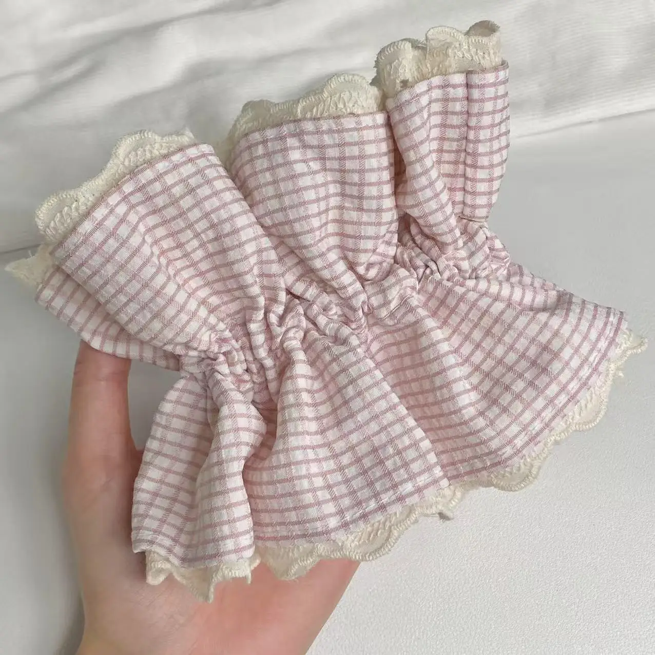 1pc  Sweet Pink Plaid Hair Scrunchie With Lace Trim, Elegant Ruffled Hair Tie, Cute Hair Accessory For Women And Girls