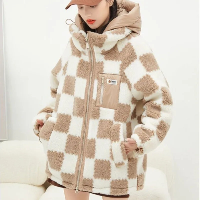 Women White Duck Down Jacket Winter Coat Female Checkerboard Temperament Warm Parkas Thick Short Outwear Fashion Hooded Overcoat