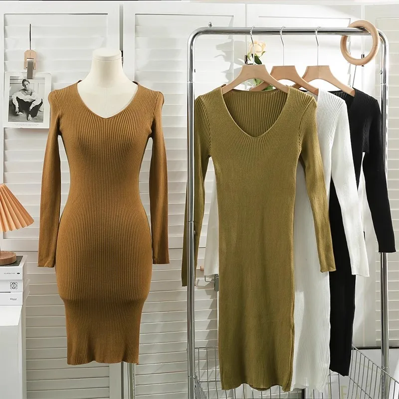 

Women Autumn Knitted V-Neck Long Sleeve Dress Sheath Basic Sweater Bodycon Dresses Lady Slim Long Dress Vestidos