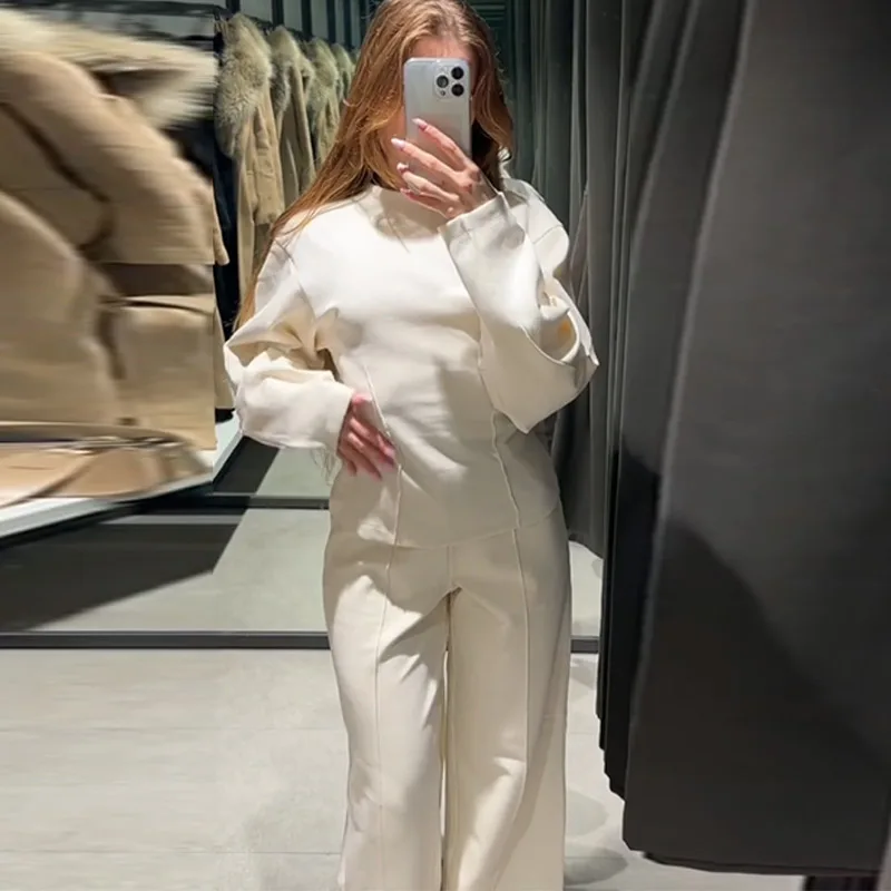 Casual Women's 2-piece Solid Pants Sets Long Sleeve O-neck Sweatshirts Wide Leg Pleated Trousers Autumn Lady Lazy Tracksuit