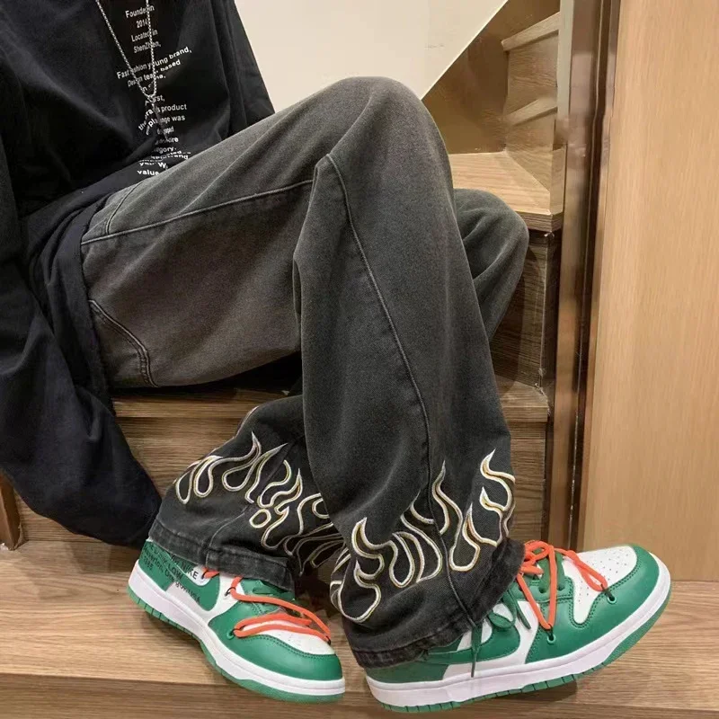 2024 Flame Embroidered Men's Off Duty Loose Wide Leg Jeans Straight Wide Leg Personalized Youth Casual Denim Trousers Men's 1