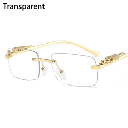 Vintage Rimless Square Luxury Sunglasses with Leopard Head Design (Transparent)
