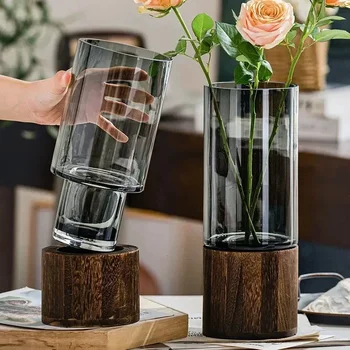Schlichte Europäische Hydroponik-Vase mit Holzsockel - Transparente Glasvase für Pflanzen und Blumen, ideal für Wohnzimmertische und Heimdekoration