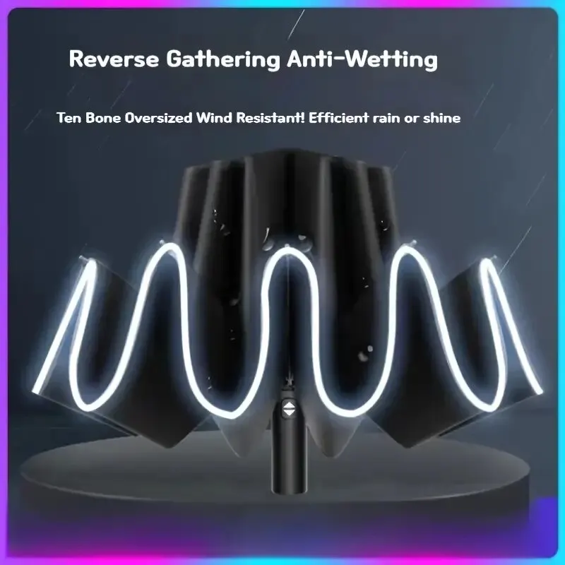 Umbrella Windproof Travel Umbrella 10 Ribs Windproof Compact Lightweight Mini Inverted Folding Reverse Strong Portable Car B