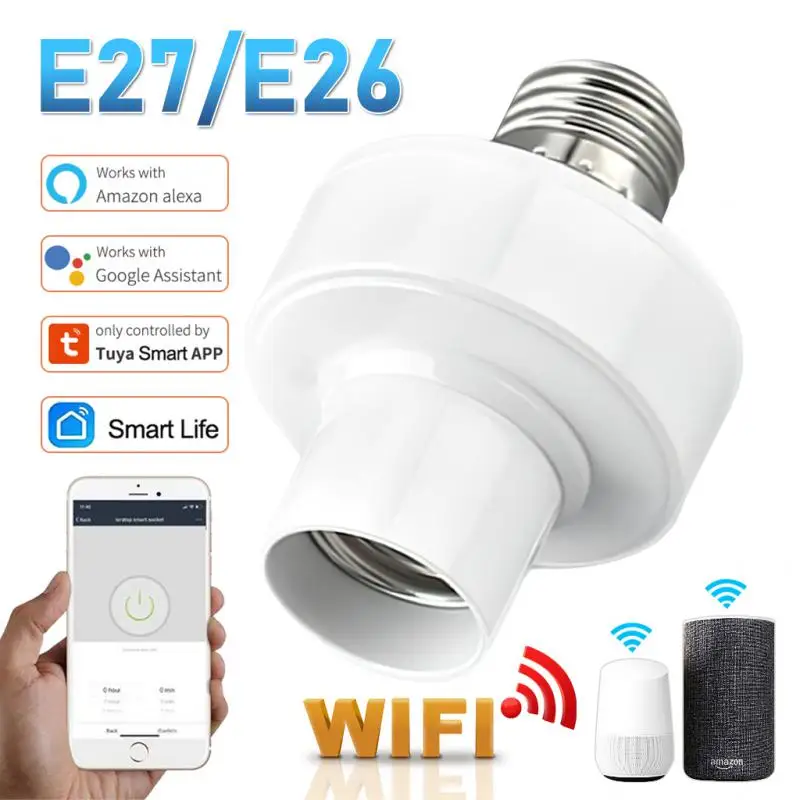 Умный адаптер для лампы с поддержкой Wi-Fi, E27, E26, 65-265 в