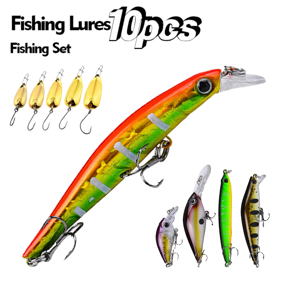 

10Pcs Fishing Lure Set Minnow Pencil Artificial Baits Metal Spoons Bait for Freshwater Saltwater Fishing Tackle with Storage Box